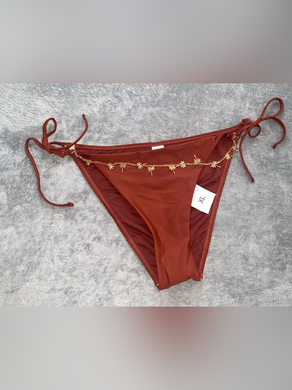 XL Rust Brown Palm Tree Charm Tie Side Bikini Bottom